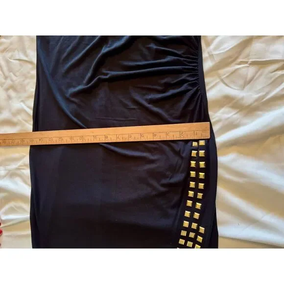 Catherine Malandrino Black Sheath Dress LBD Ruching | Gold Embellishmets Size M - Picture 11 of 14
